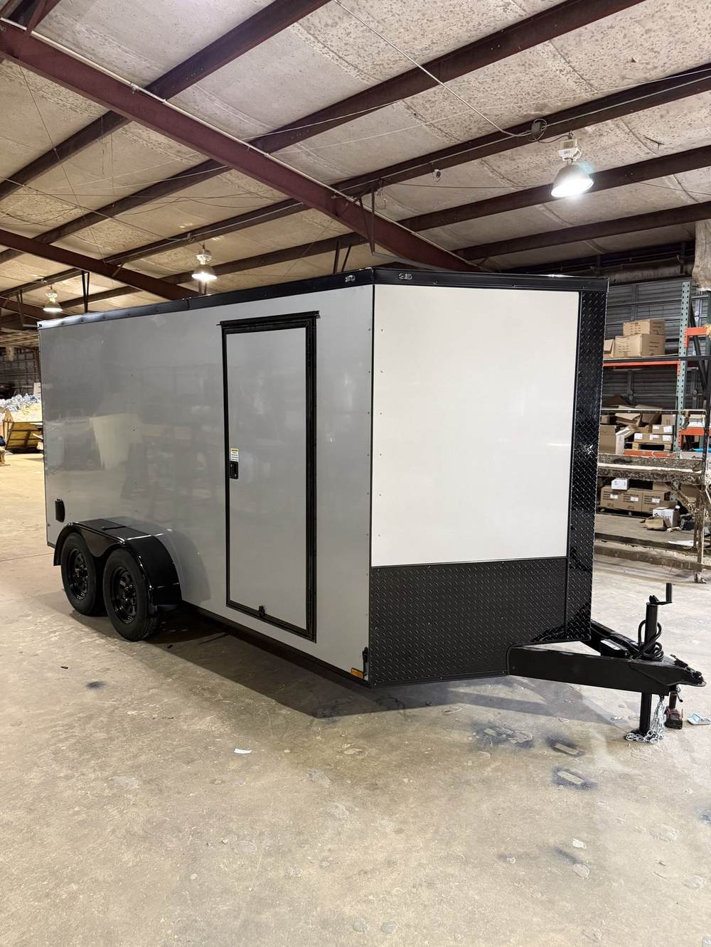 Enclosed trailers being built inside the Triple R shop in Booneville